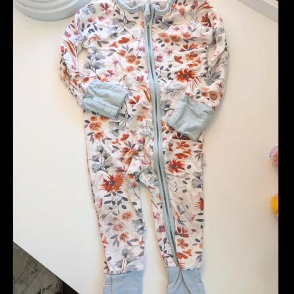 Caden Lane Floral Light Blue Floral Bamboo Footies with Fold Over Feet